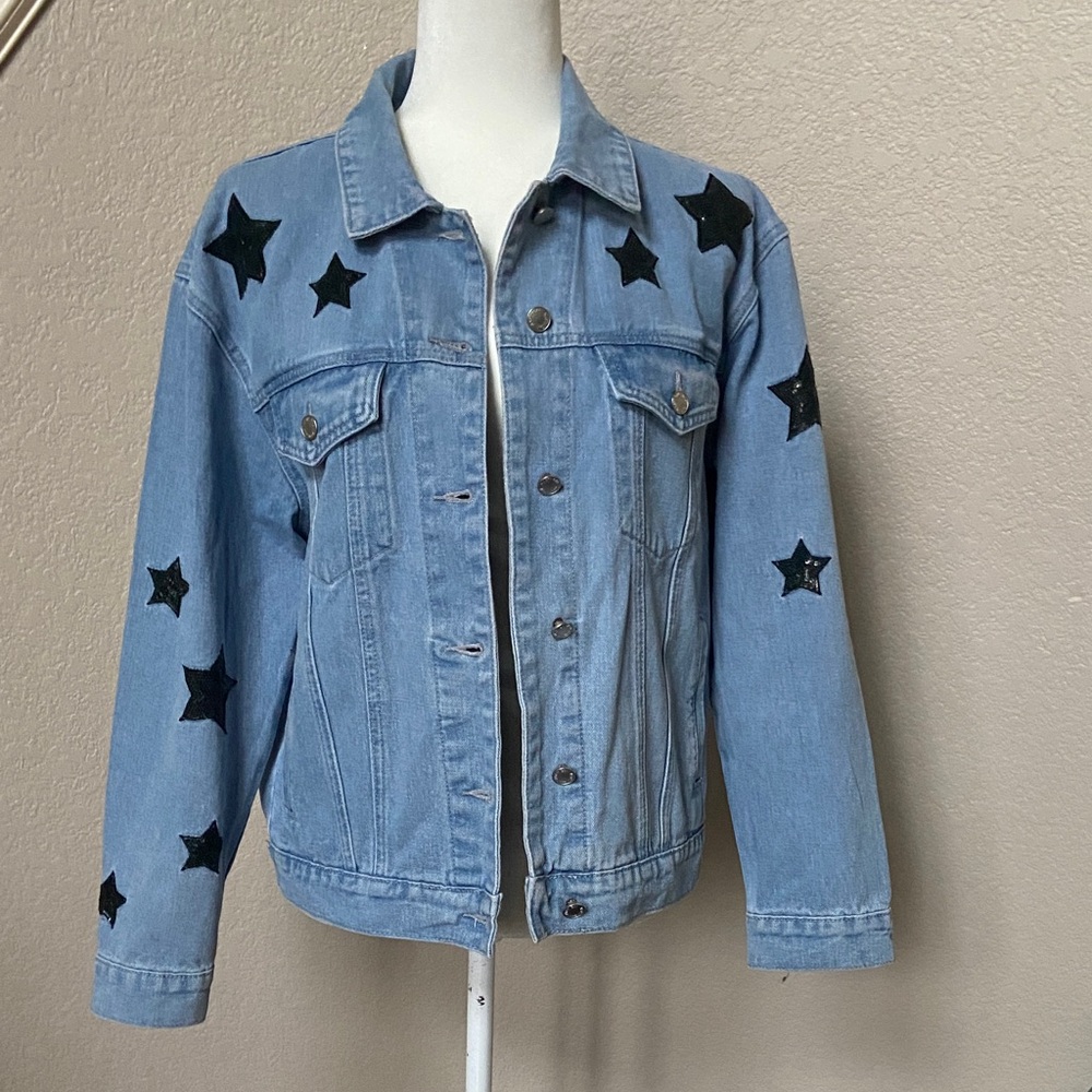 Sale! Nasty Gal Blue Denim Jacket with Black Sequin Stars. US Size 6
